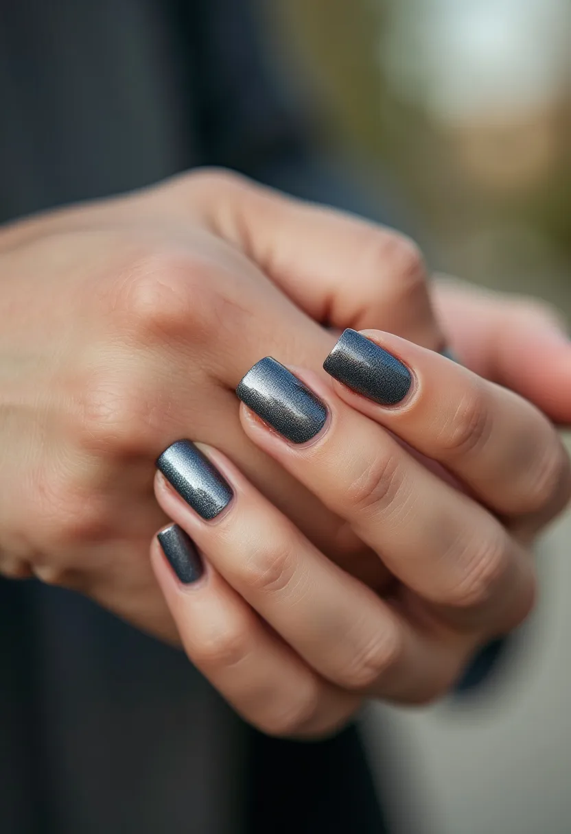 The nail design features a sleek and sophisticated palette of dark metallic gray, offering a reflective, almost chrome-like finish. The nails are shaped with a modern square edge, providing a clean and structured look. The surface of the nails is smooth and polished, suggesting a gel or shellac treatment for enduring shine and durability. This design is minimalist without additional patterns or decorations, making it versatile for various occasions, especially suitable for an elegant winter or formal event. The silvery sheen adds a touch of glamour and sophistication to the overall appearance.