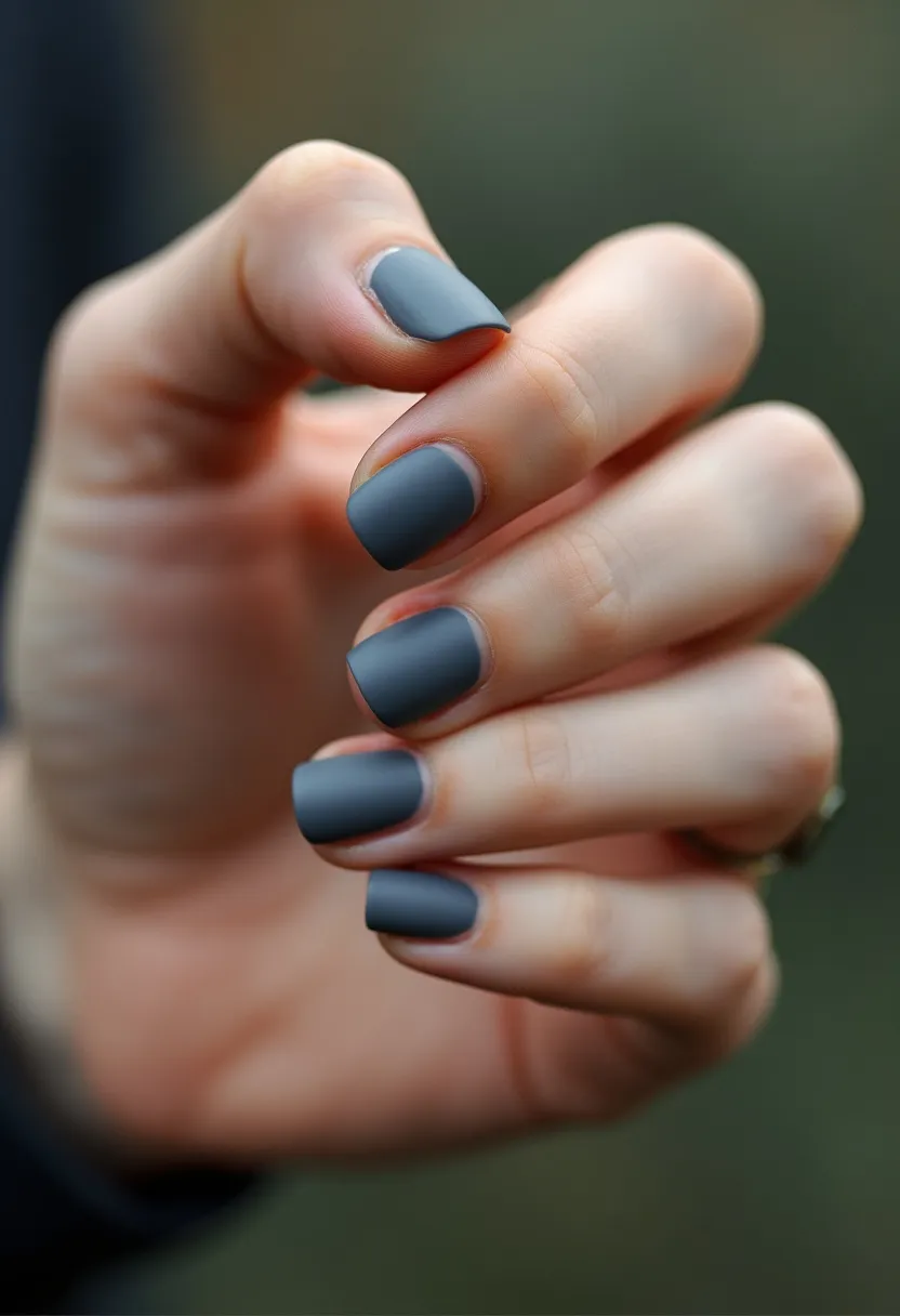 The depicted nail design showcases short, square-shaped nails coated in a matte, dark gray polish. There are no intricate patterns or decorations, suggesting a minimalist yet sophisticated look. The finish indicates that they might be done with gel or regular matte nail polish to achieve such a smooth and velvety appearance. This neutral and understated color can be suitable for various seasons and occasions, offering a versatile and trendy look. There are no visible decals, rhinestones, or other embellishments, highlighting the elegance of simplicity in this nail design.