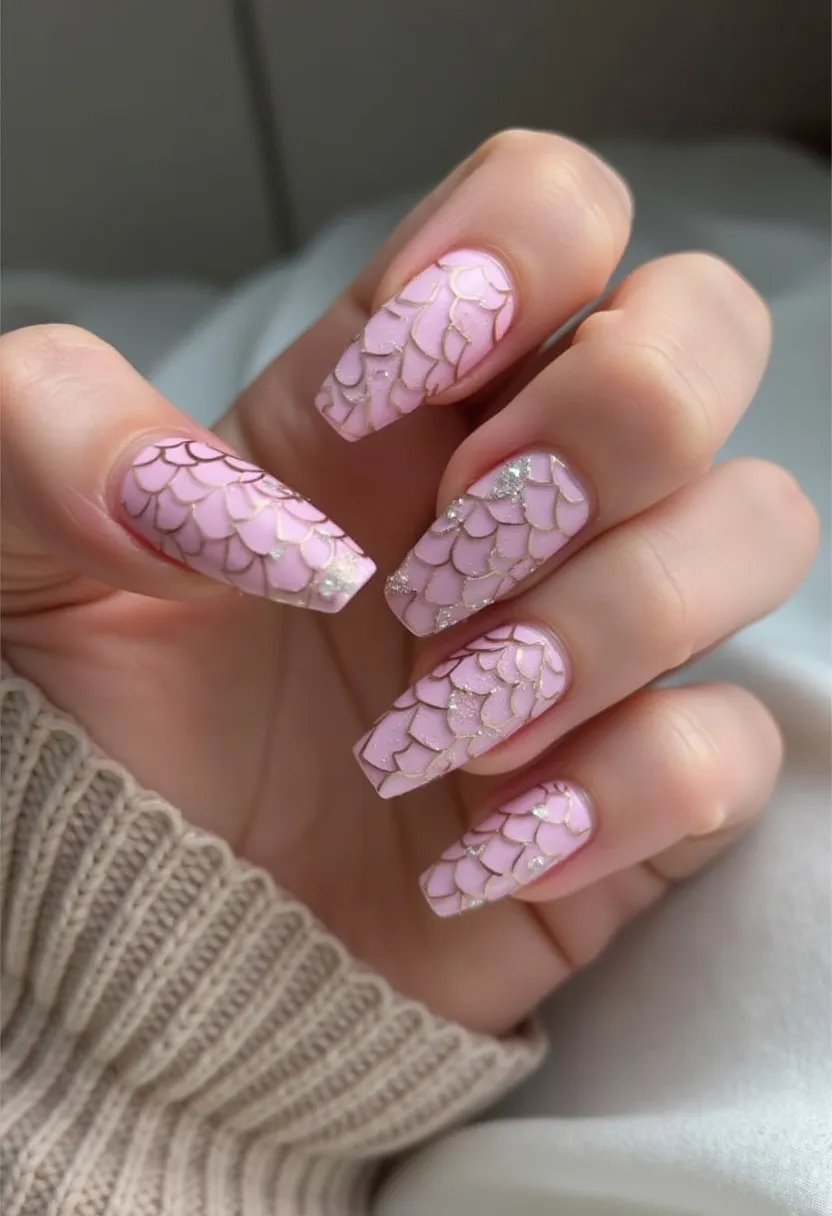 The nail design features a soft, pastel pink color palette applied via a likely gel or acrylic treatment for durability and shine. The nails are shaped into long, elegant coffin shapes, giving them a sophisticated and trendy appearance. Intricate patterns resembling fish scales are meticulously drawn across each nail, outlined in a shimmering gold that adds a touch of luxury. Additional glittery accents are sporadically placed within the scale pattern, enhancing the design's overall sparkle and glamor. This nail design exudes a whimsical, mermaid-inspired vibe, making it particularly suitable for spring or summer celebrations, beach parties, or even special events where a fanciful and stylish look is desired.