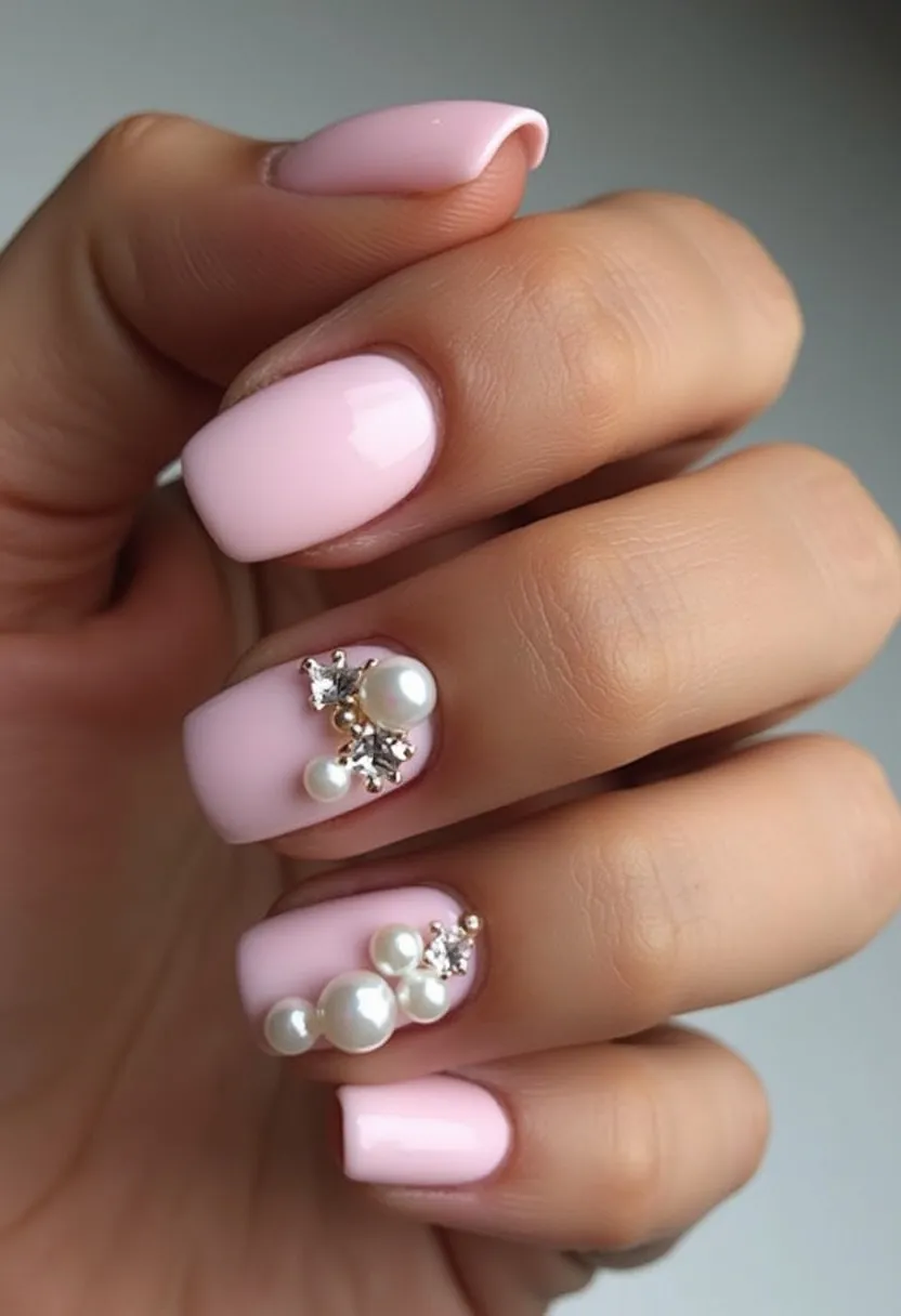 The nail design features a soft pink color palette, providing a delicate and elegant look. The nails are shaped in a rounded square style. Intricate decorations include the use of pearls and crystals on two accent nails, enhancing the overall sophisticated vibe. The treatment likely appears to be gel, given the glossy and smooth finish. The addition of pearls and crystals suggests a decorative touch that could suit bridal or special occasion themes. This design blends simplicity with luxury, making it ideal for events that require a touch of elegance and finesse.