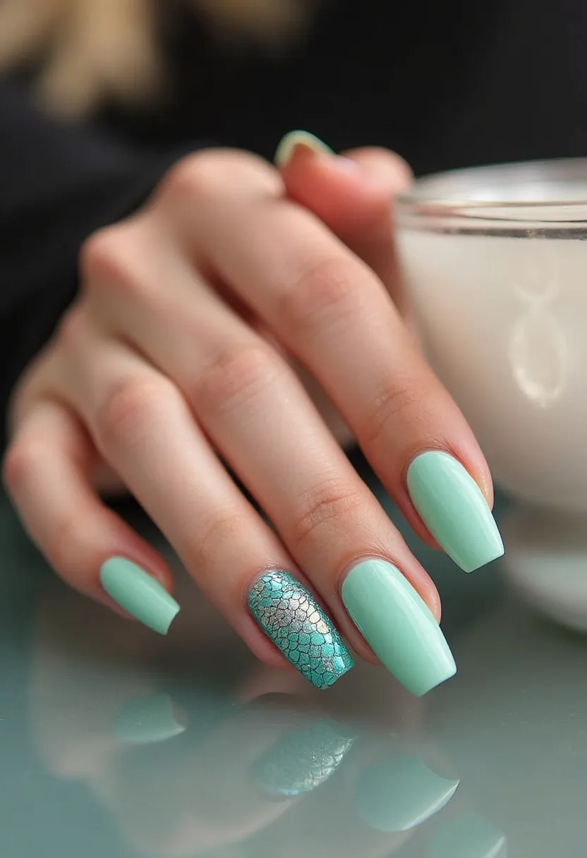 This nail design features a captivating pastel mint green color palette covering most of the nails, paired with an accent nail that boasts an intricate holographic mermaid scale pattern in various shimmering shades of green and teal. The nails are shaped in a medium-length square or squoval style, providing a modern and neat appearance. The treatment appears to be a gel application, as indicated by the smooth, glossy finish and durability. The mermaid-inspired design and the pastel mint color evoke a fresh, summery feel, making it an ideal choice for warm-weather seasons or beach-themed occasions. The shimmering scale effect on the accent nail adds a unique and eye-catching detail to the overall look.