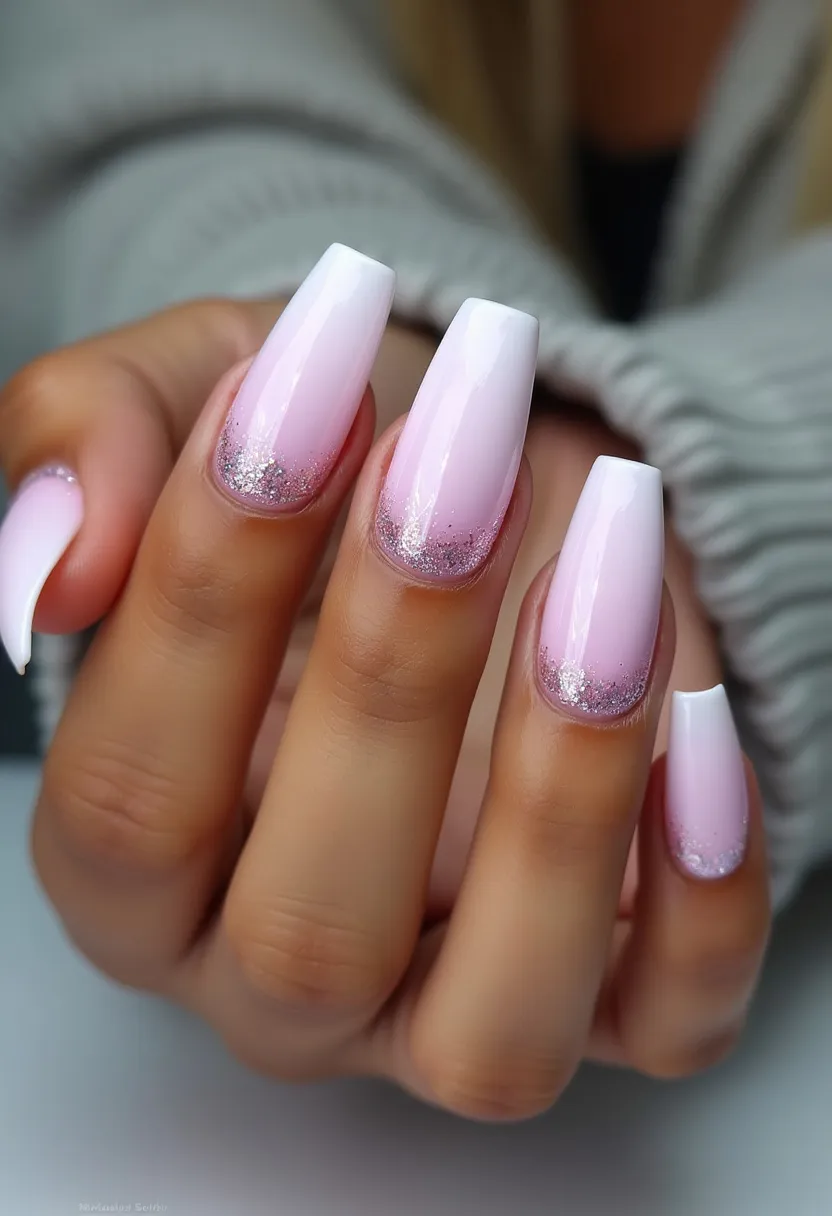 The nail design features a soft and elegant color palette, primarily consisting of a light pink base with a gradient effect that transitions to white at the tips. The nails are medium to long in length and shape into a square or slightly squoval tip. Adding a touch of glamour, there is a fine glitter accent near the cuticles which offers a shimmering contrast against the soft pink hue. The finish appears glossy and smooth, indicating a gel or acrylic nail treatment. This design combines a classic French manicure twist with modern, sparkling elements, making it suitable for special occasions such as weddings or upscale events. The overall look is sophisticated and delicate with a hint of festive sparkle.