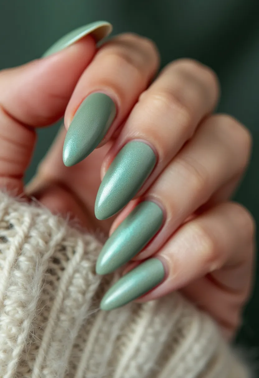 The nail design showcases elongated, almond-shaped nails painted in a muted, sage green color, creating a chic and understated look. The nails feature a smooth, metallic finish, likely achieved using a gel polish, which adds a subtle shimmer and enhances the overall elegance of the design. There are no additional patterns or decorations, keeping the focus on the simplicity and sophistication of the single-tone palette. This nail design does not explicitly tie to a particular seasonal theme or special occasion, allowing for versatile wear suitable for both everyday style and formal events.