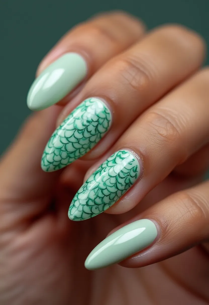 The nail design features an eye-catching color palette of light mint green with intricate green scale-like patterns on selected nails. The nails are shaped into a long almond style, enhancing their elegant appearance. The intricate scale patterns, resembling mermaid or fish scales, add a unique decorative element, making the design stand out. This type of nail art is likely achieved using gel polish due to the glossy finish and the precision of the pattern work. The design evokes a fresh, aquatic theme that could be suitable for a summer or ocean-related occasion. The attention to detail and the combination of solid and patterned nails make this design both sophisticated and playful.