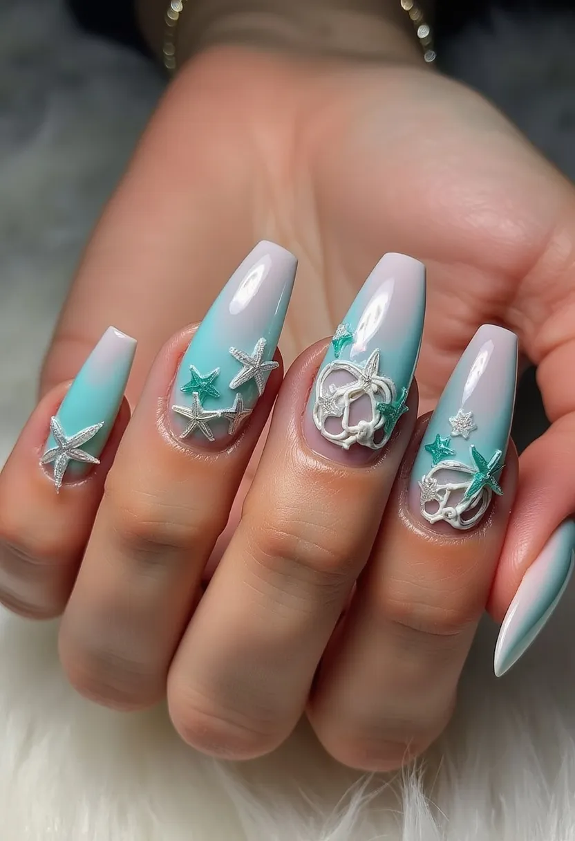 The nail design features a sophisticated gradient color palette transitioning from a soft pastel lavender at the base to a serene turquoise towards the tips. The nails are shaped into a long, tapered coffin style, which provides an elegant canvas for the intricate decorations. Prominent 3D embellishments in the form of white and teal starfish and sea-themed motifs adorn the nails, adding a touch of oceanic charm and dimension. This design appears to employ gel polish, offering a glossy and long-lasting finish that enhances the raised decorations. Unique details such as the meticulously crafted starfish and marine symbols suggest a summer or beach theme, making this design perfect for seasonal summery occasions or seaside vacations.