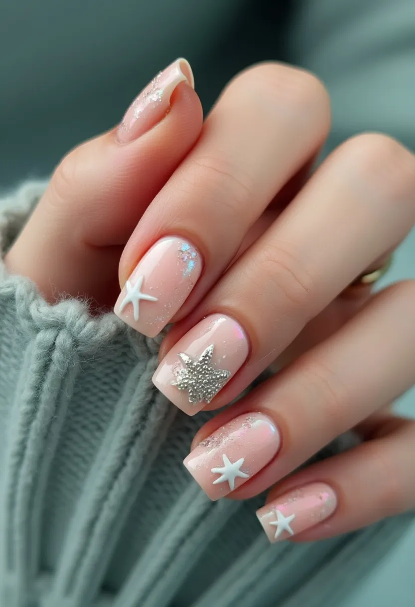 The nail design features a soft pastel pink color palette that gives the nails a delicate and elegant look. The nails are medium-length and shaped with a subtle square tip. Intricate decorations include white starfish motifs, creating a charming oceanic theme. Additionally, some nails have small, glittery accents that add a touch of sparkle and enhance the overall design. The use of gel treatment is evident, as the nails have a glossy, smooth finish. This nail art would be perfect for a beach-themed event or to evoke a summer feeling.