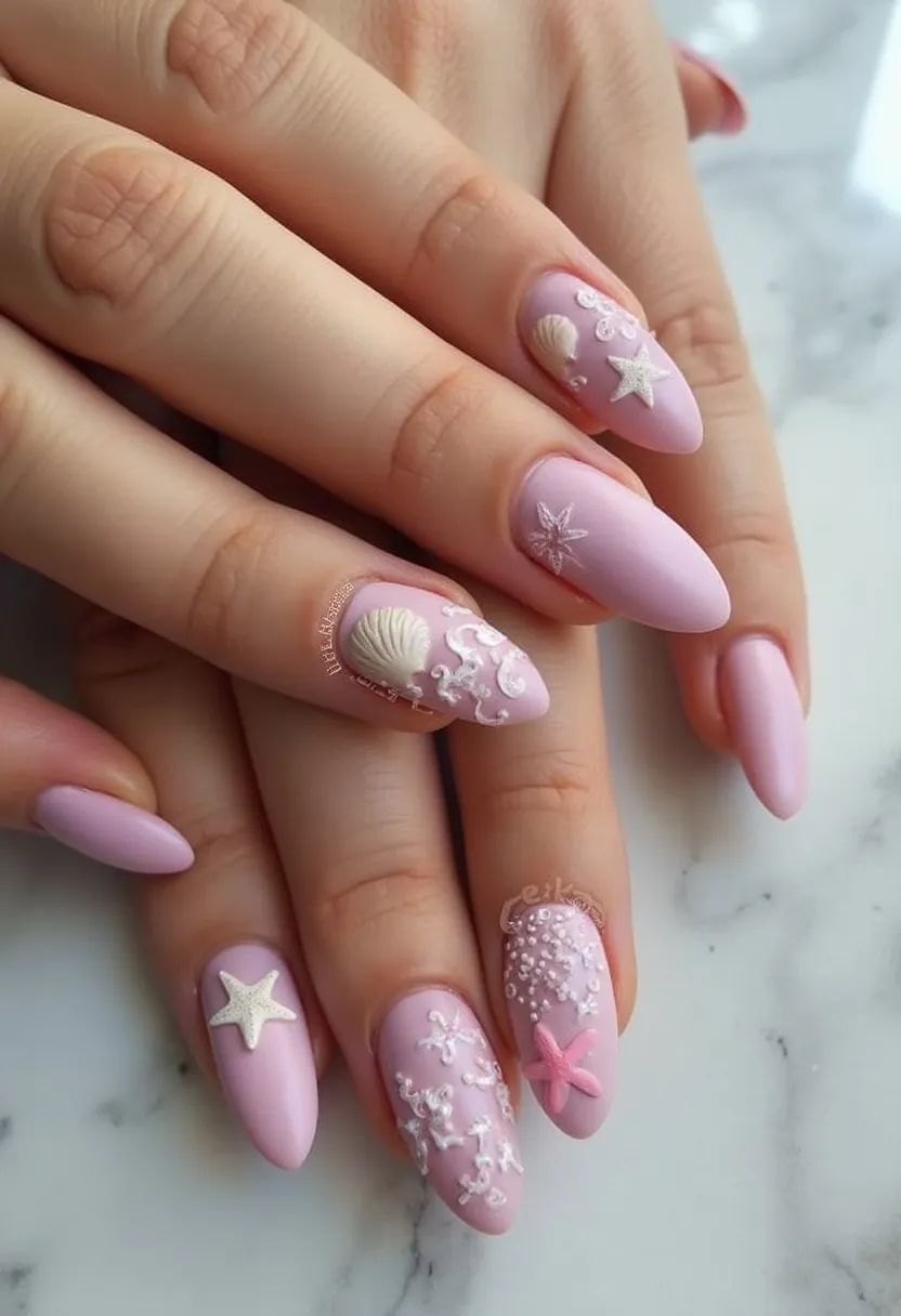 The nail design features a soft pastel pink color palette, enhancing the feminine and elegant aesthetic. The nails are shaped in a long almond style, providing a sophisticated and elongated appearance. This design incorporates intricate patterns and decorations, including 3D seashells, starfish, and other ocean-themed elements, making it perfect for a beachy or summer theme. These embellishments are primarily white and cover some nails partially, adding texture and visual interest. The nail treatment appears to be gel, allowing for a glossy and durable finish that helps maintain the intricate detailing. This design is ideal for a special occasion, especially during warmer months or for a beach holiday, embodying a serene and oceanic theme.