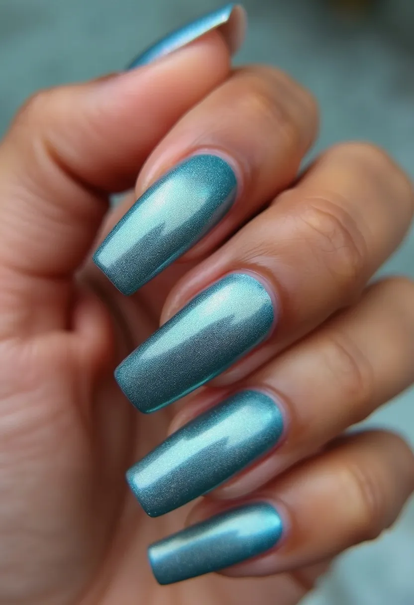 This nail design features a metallic blue-green color palette with an iridescent sheen, giving the nails a polished and vibrant look. The nails are long and square-shaped, providing a sleek and elegant appearance. The finish appears to be a gel treatment, as indicated by the smooth and glossy surface that is typical of gel manicures. There are no intricate patterns or additional decorations, focusing instead on the striking color and finish of the nails. This bold and glamorous style would be suitable for various events and special occasions, adding a touch of sophistication to the overall look.