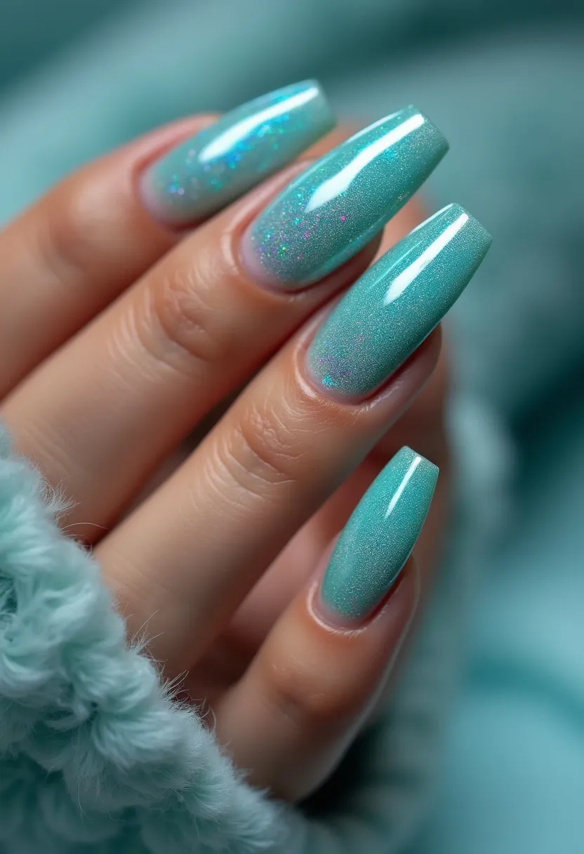 This nail design showcases a stunning light turquoise color palette with a subtle shimmer, creating a delicate and elegant look. The nails are shaped in a long, square coffin style, which gives them a modern and chic appearance. The shimmering effect indicates the use of a gel treatment, providing a glossy, smooth finish that enhances the sparkle of the polish. This design is perfect for a winter-themed occasion, with its icy blue tones and iridescent glitter adding a touch of festive glamour. The overall look is both sophisticated and trendy, making it suitable for special events or seasonal festivities.