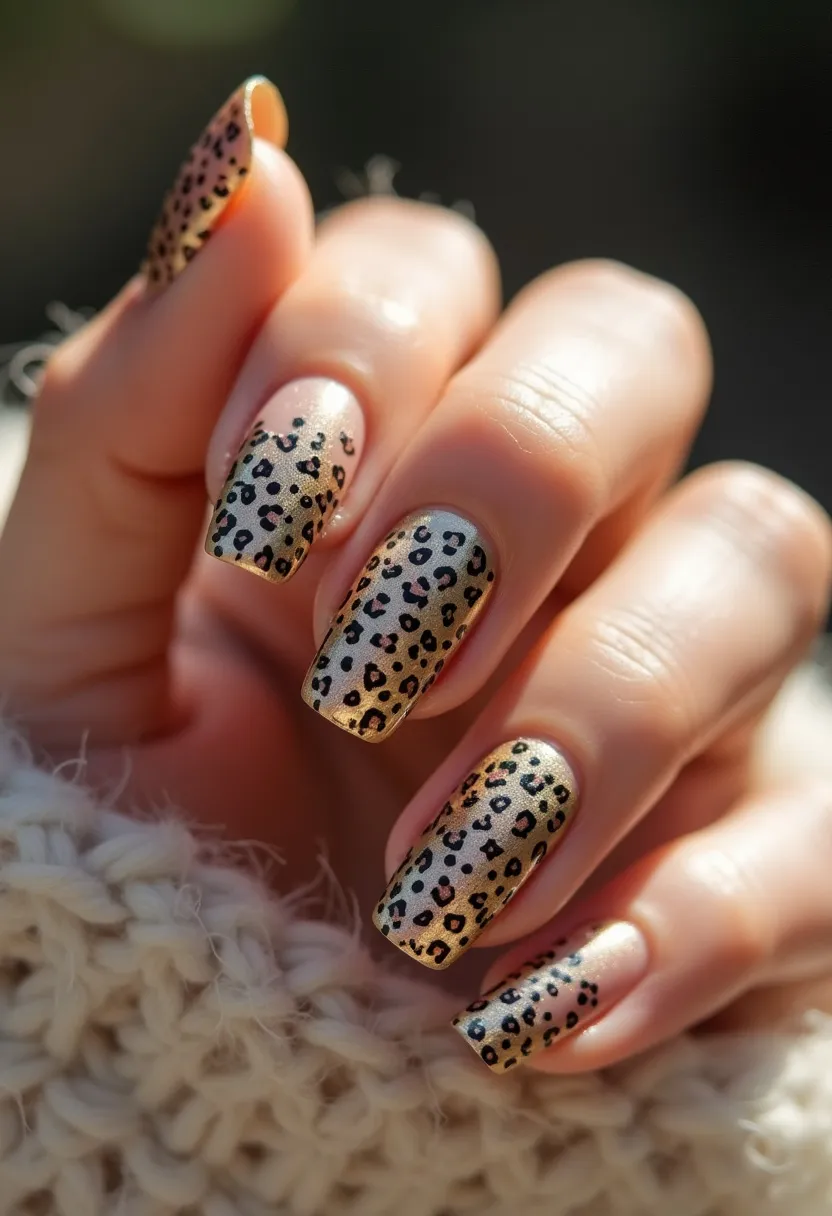 The nail design showcases a chic and modern look with a predominantly gold color palette, highlighted by intricate black leopard print patterns. The nails are medium length with a square shape that adds to the elegance of the design. The incorporation of the leopard print pattern is consistent across all nails, with each nail having evenly distributed spots giving a uniform yet dynamic appeal. The design appears to be done using either gel or acrylic nail treatments, providing a glossy and durable finish suitable for longer wear. This particular nail art can be ideal for fall or winter seasons due to its warm, luxurious color scheme and bold patterns, making it perfect for festive occasions or a fashionable everyday look.