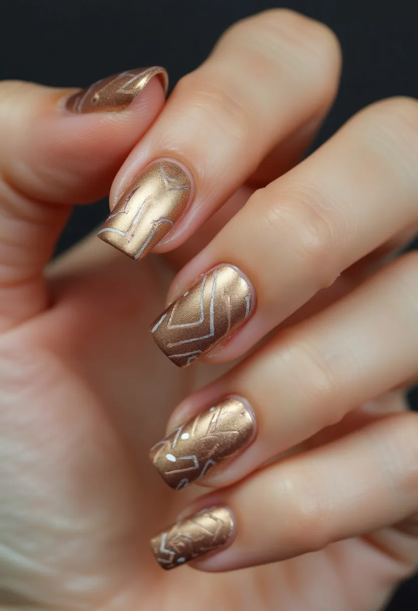 The nail design features a metallic bronze color palette, creating a luxurious and eye-catching appearance. The nails are of medium length and have a square shape with slightly rounded edges. Intricate patterns are created with fine, geometric lines in white, adding a sophisticated touch to the overall design. These patterns include chevrons and abstract shapes that enhance the elegance of the metallic base. The type of nail treatment appears to be gel, as indicated by the smooth, glossy finish that is characteristic of gel manicures. The design has a festive feel, making it suitable for special occasions or holiday celebrations such as New Year's Eve or a gala event.