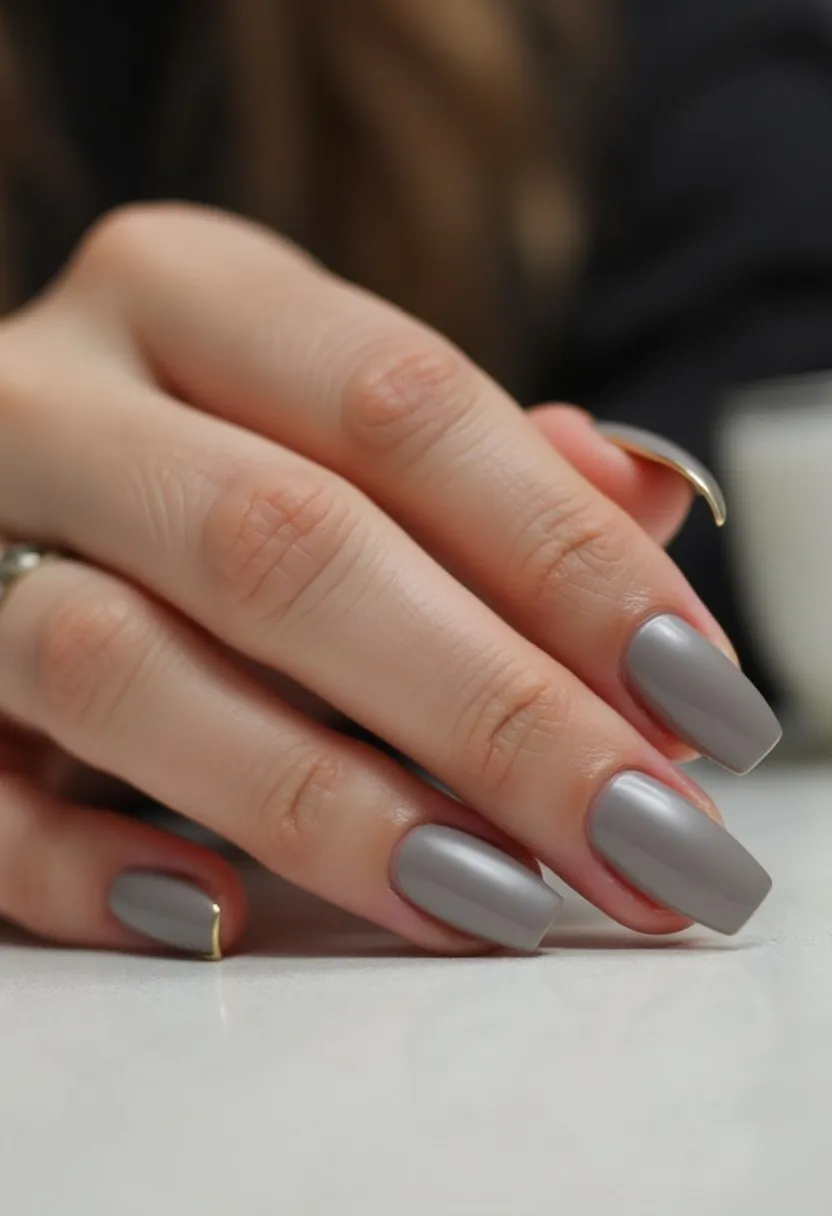 The nail design features a sleek and modern look with a muted grey color palette. The nails are shaped into an elegant and classic square form, which provides a refined and sophisticated appearance. The smooth, polished surface suggests a gel treatment that gives the nails a glossy and even finish. There are no additional intricate patterns or decorations present, emphasizing a minimalist aesthetic. This design is versatile and suitable for various occasions, from professional settings to casual outings, and it is particularly fitting for the fall or winter seasons due to the subdued color choice.