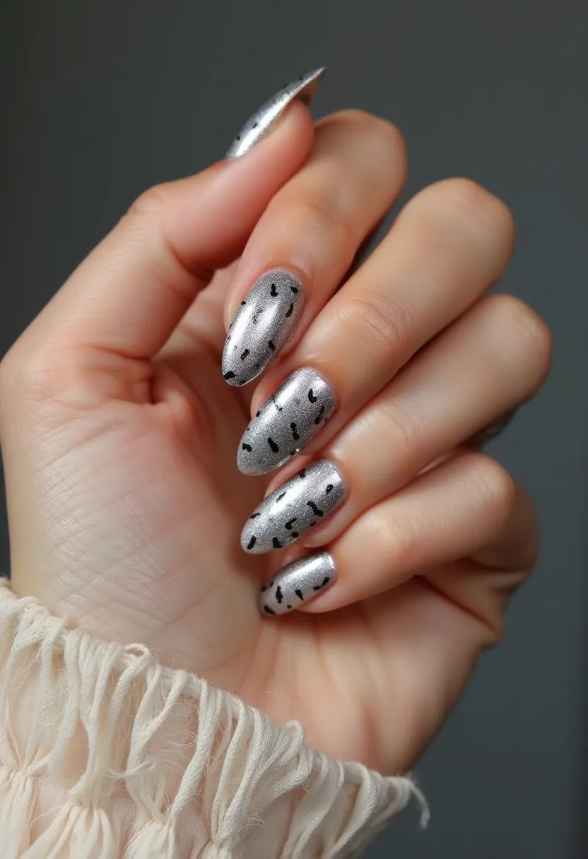 The nail design features a striking silver color palette with a metallic finish, creating a sleek and glamorous look. The nails are shaped into a medium-length almond form, which elongates the fingers and adds elegance. Intricate patterns of small black abstract decorations are scattered across each nail, adding a playful contrast to the metallic silver base. The nails appear to have a smooth and glossy texture, suggesting a gel treatment that enhances durability and shine. The overall design is modern and chic, suitable for any season but especially fitting for festive occasions or glamorous events.