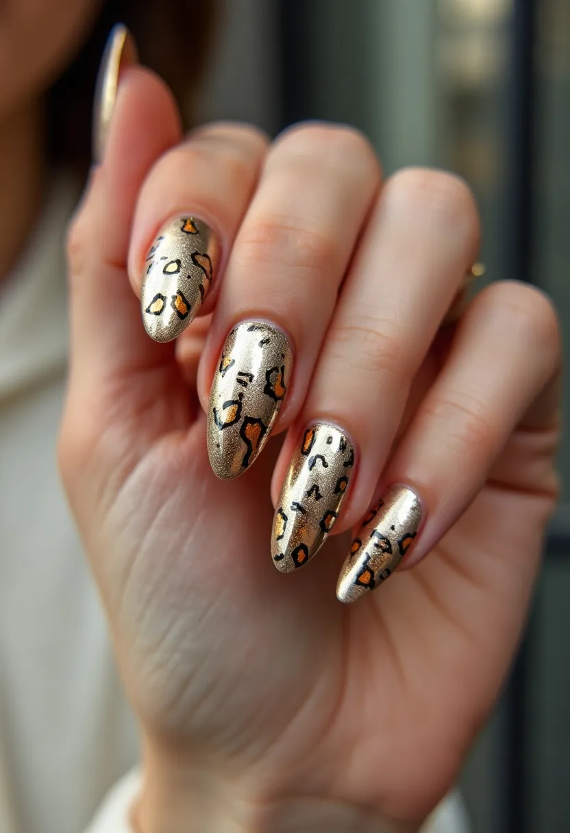 The nail design features a gold color palette with a metallic finish, covering the entire nail for a luxurious look. The nails are shaped in a pointed, almond style, which enhances the elegant and bold aesthetic. Intricate black and orange leopard print patterns are distinctly highlighted on each nail, creating a striking and fashionable contrast against the gold base. The design likely utilizes gel treatment to achieve the high-shine and long-lasting effect. The leopard print pattern and metallic gold are classic choices often associated with both trendy fashion statements and special occasions like parties or events, adding a wild yet sophisticated touch to the overall appearance.