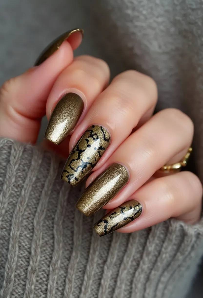 This nail design features a sophisticated color palette predominantly composed of a shimmering metallic gold. The nails are long and almond-shaped, providing an elegant and feminine look. An intricate pattern is noticeable on two nails, consisting of abstract black lines and dots that add a touch of artistic flair to the overall design. The treatment appears to be a gel finish, giving the nails a glossy and smooth surface, enhancing their durability and shine. This design is suitable for a seasonal theme, especially autumn or winter, due to the warm, golden tones, and could also be appropriate for special occasions or festive events, offering a chic and polished appearance.