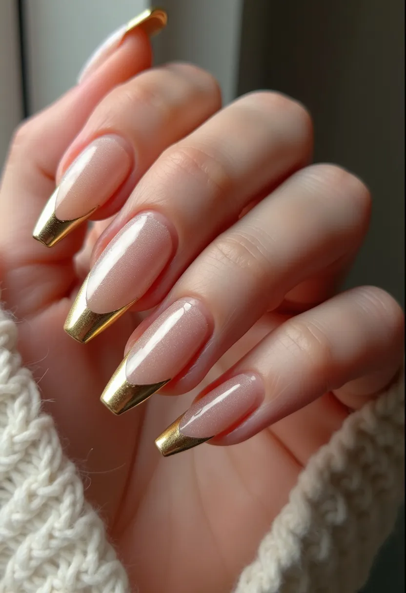 The nail design features a sophisticated color palette, with a soft, light pink base accented by metallic gold tips. The nails are long and shaped into a sleek almond form. The treatment likely involves either gel or acrylic, providing a glossy and resilient finish. A distinct, intricate pattern includes a classic French tip design but with a modern twist, replacing the usual white tips with gold, adding an elegant touch. This design is versatile and can be suitable for seasonal themes like winter holidays or for special occasions such as weddings or formal events.