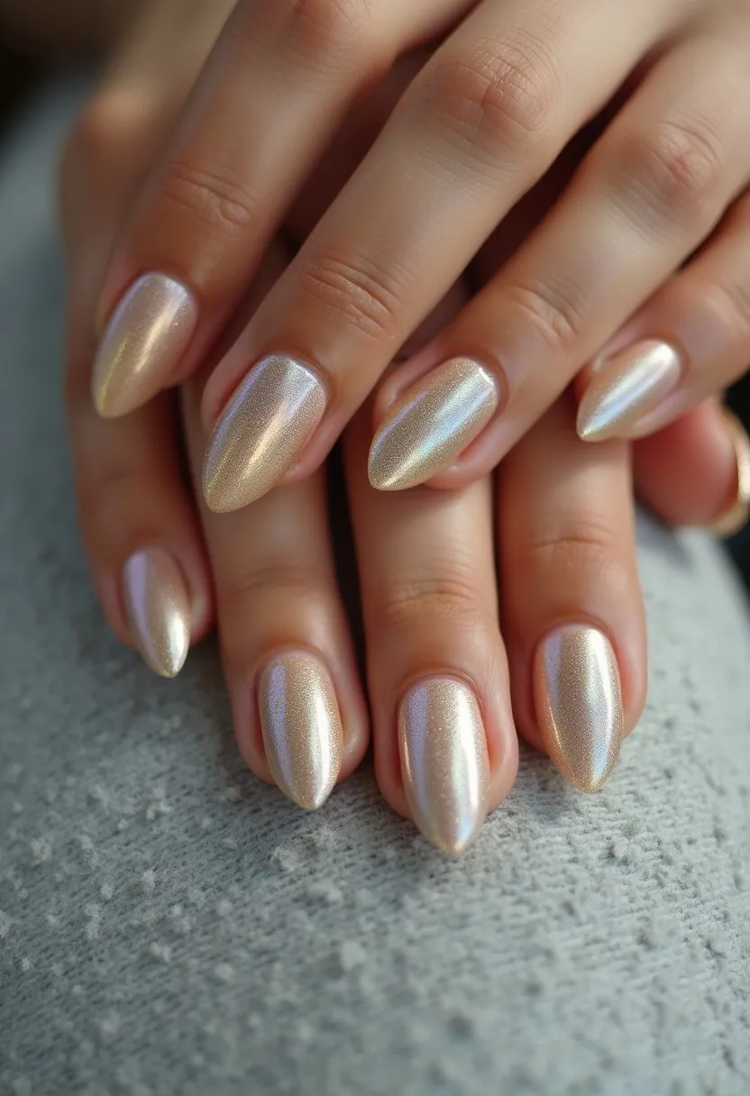 The nail design features an elegant and sophisticated look, characterized by its almond-shaped nails. The color palette consists of a pearlescent or iridescent finish, exuding a soft metallic sheen with hints of delicate pink, lavender, and cream tones. This glossy and reflective appearance suggests that a gel treatment was likely used to achieve this mirror-like finish. While there are no intricate patterns or additional decorations, the shimmering effect of the polish adds a touch of luxury and elegance. This design is versatile for various occasions but would be particularly fitting for special events or the winter holiday season due to its frosty, jewel-like quality.