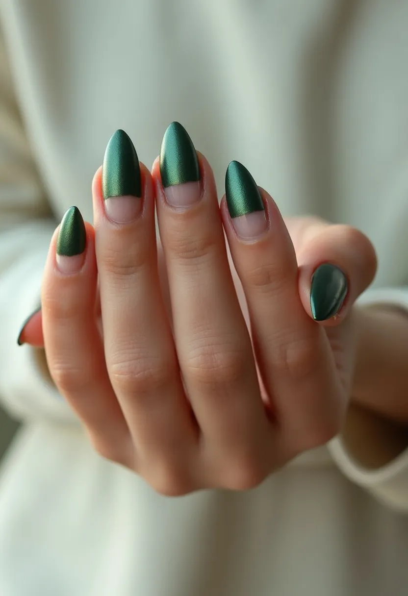 The nail design features long, almond-shaped nails adorned with a vibrant, deep green polish that suggests a metallic or satin finish. The base of each nail is left natural, creating a chic half-moon design that highlights the transition from the green polish to the natural nail bed. This nail treatment appears to be a gel manicure, offering a glossy and long-lasting finish. The color palette and sophisticated design lend themselves well to a seasonal transition, potentially suitable for autumn or winter due to the rich, jewel-toned green. There are no additional patterns or decorations, keeping the look elegant and minimalist, making it appropriate for both everyday wear and special occasions.