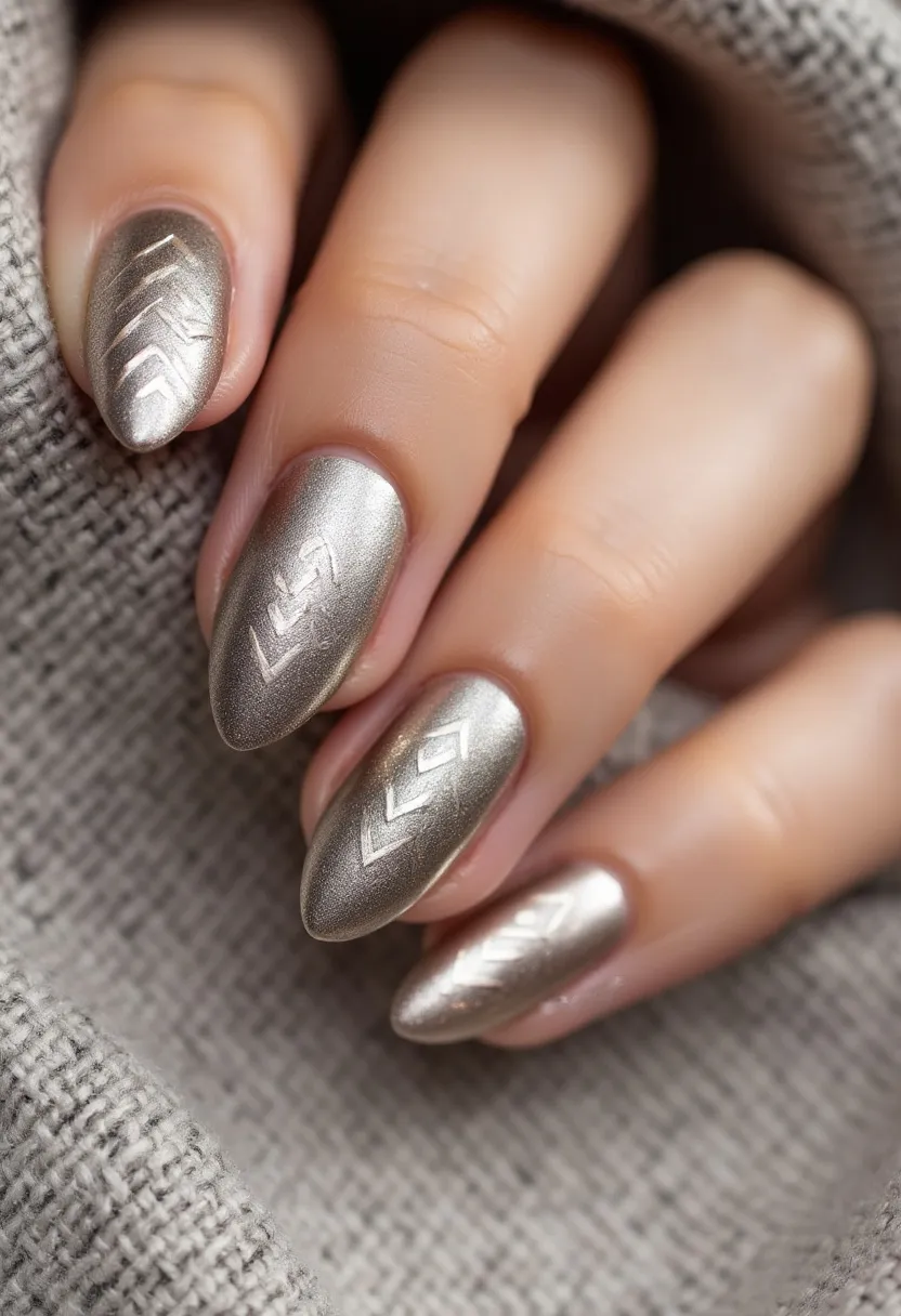 The nail design features a sleek silver color palette with a metallic finish, giving the nails a sophisticated look. The nails are shaped in an almond style, adding elegance and elongating the fingers. Intricate patterns of geometric lines and shapes are subtly embossed on each nail, enhancing the overall design without overwhelming it. The treatment appears to be gel, as evidenced by the smooth, glossy finish. This design exudes a modern and chic vibe, making it suitable for both everyday wear and special occasions, and it would be particularly fitting for the winter season given its cool, frosty tone.