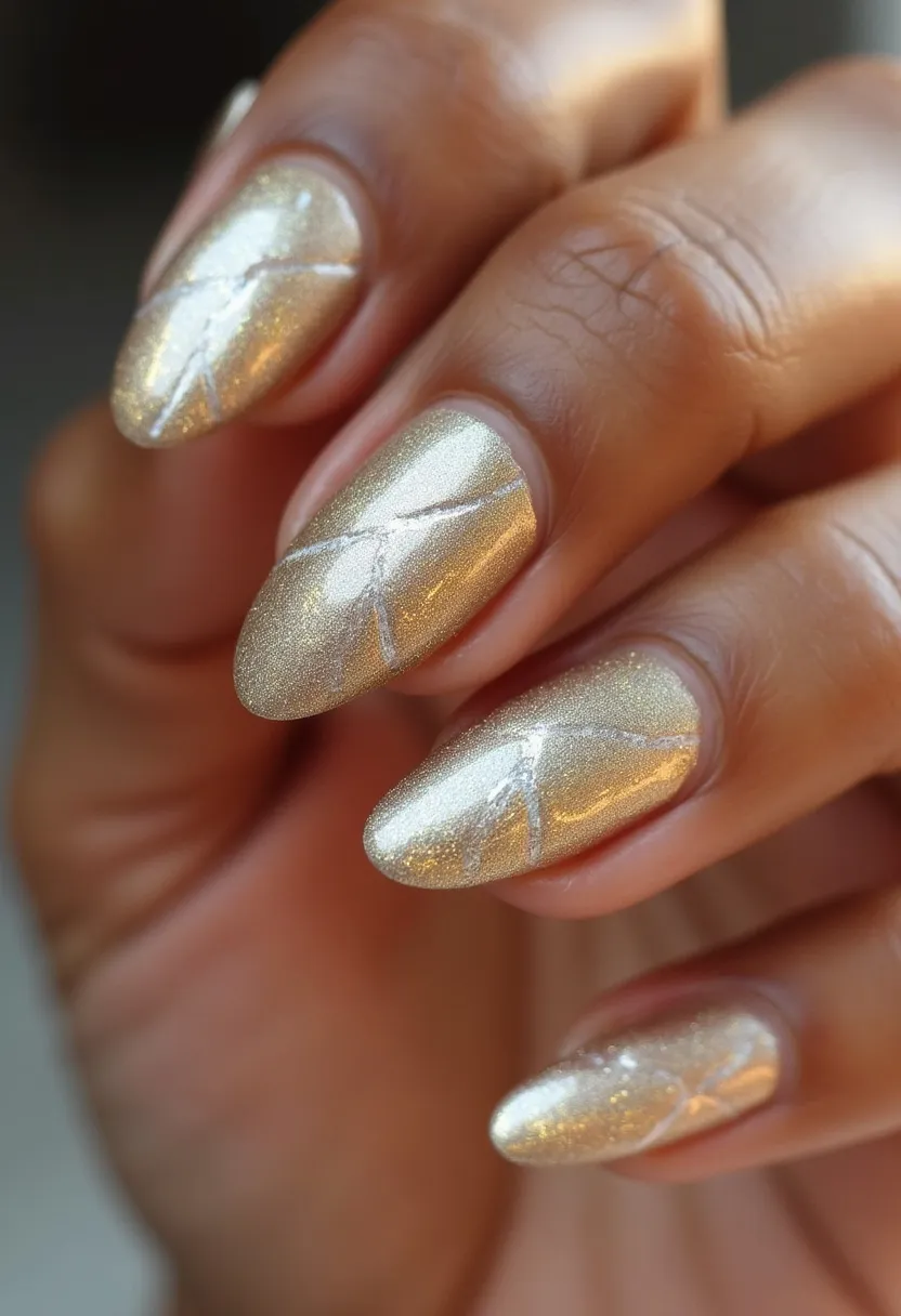 The nail design showcases medium-length, almond-shaped nails adorned with a stunning gold color palette. The nails have a shimmering finish, suggesting a possible gel or shellac treatment for a long-lasting and glossy look. Each nail features a delicate white accent line forming an abstract, intersecting pattern that adds a touch of elegance and complexity to the design. This intricate pattern complements the gold base, giving the nails a sophisticated and festive appearance, suitable for special occasions or holiday events. The overall look is chic and refined, making it a beautiful choice for both everyday wear and celebratory moments.