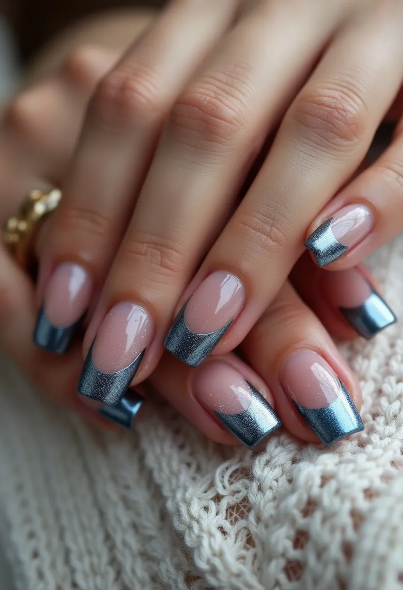 The nail design features a striking color palette of nude and metallic blue. The nails are shaped in a squared-off style, giving a sophisticated and clean look. Each nail exhibits a French tip design with the tips painted in a shimmering metallic blue, contrasting elegantly with the natural nude base. The metallic blue adds a modern twist to the classic French manicure. The treatment appears to be gel, offering a glossy and polished finish that highlights the metallic sheen and ensures long-lasting wear. This design is versatile, suitable for both everyday elegance and special occasions, adding a touch of glamour without being overly extravagant.