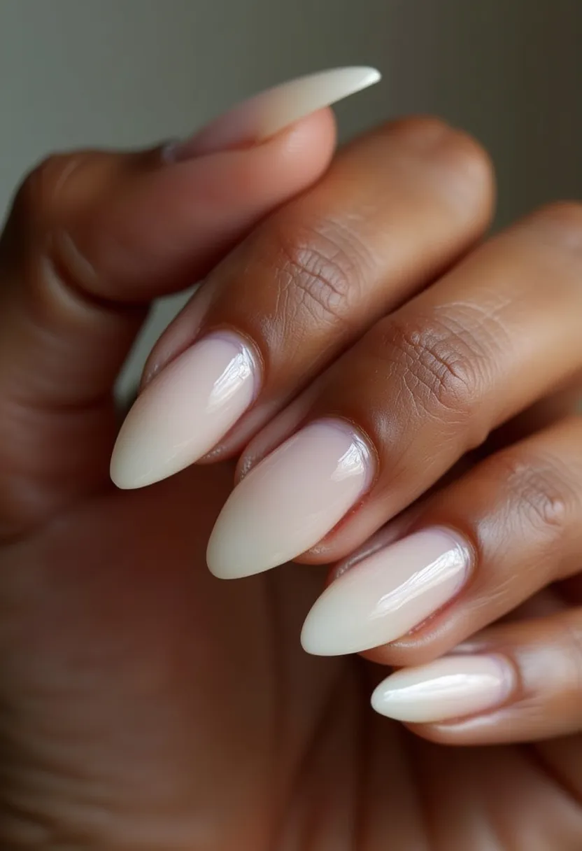 The nail design features a sleek and elegant appearance with a stiletto shape, characterized by their pointed tips. The nails are coated in a subtle, gradient nude color palette that transitions smoothly from a natural base to a slightly opaque beige at the tips. This blend offers a sophisticated and clean look. The shine and smooth finish suggest a shellac treatment, known for its durability and high gloss. The design is free of any intricate patterns or additional decorations, embracing simplicity and elegance. The nude tones and minimalist style make this design versatile, suitable for any season or occasion.