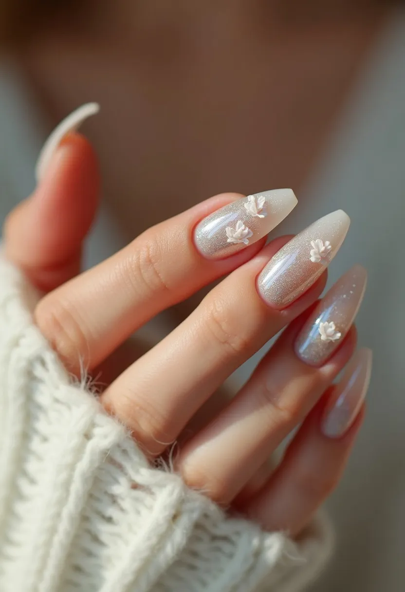 The nail design features a sophisticated and subtle color palette predominantly consisting of shimmering silver and soft white hues. The nails are shaped into an elegant almond or ballerina style, providing a refined and elongated appearance. Each nail is adorned with delicate, meticulously crafted three-dimensional floral decorations, lending a touch of femininity and intricacy to the overall look. The application appears to be a gel treatment, ensuring a glossy and long-lasting finish. This design could be perfectly suited for a winter or holiday theme, thanks to its frosted, ethereal aesthetic and the embellishment that adds a festive note to the manicure.