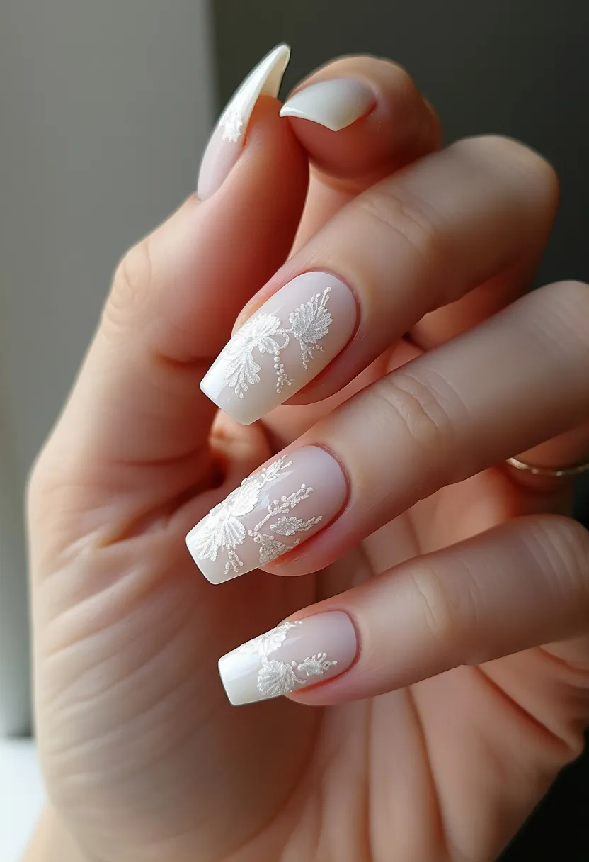 The nail design features a soft, elegant color palette of neutral tones, predominantly pastel pink and white. The nails are shaped in a long, tapered square style that adds a modern yet sophisticated touch to the overall look. Intricate white floral patterns are delicately painted on each nail, creating a refined and detailed effect. The nails appear to be treated with a gel finish, which provides a smooth and glossy surface, enhancing the intricate designs. The combination of the delicate patterns and subtle colors suggests a possible bridal or spring-themed design, making it suitable for formal occasions or celebrations. The meticulous craftsmanship of the floral art highlights the attention to detail, adding a unique, graceful flair to this nail design.