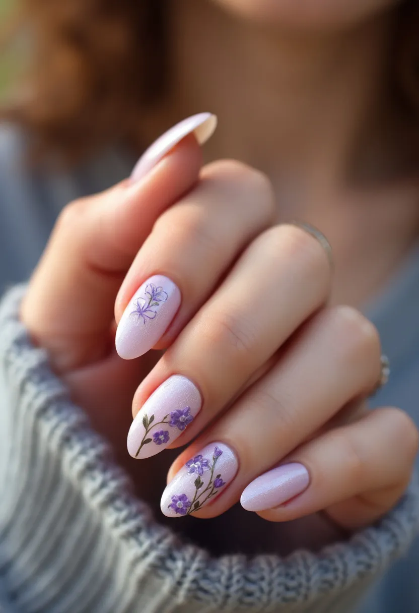 This elegant manicure showcases a soft, pastel lavender color palette that is both delicate and feminine, perfect for a spring or summer theme. The nails are almond-shaped, giving them a sleek and sophisticated look. Intricate floral designs featuring tiny purple flowers with green stems and leaves adorn each nail, adding a touch of natural beauty and artistry. It appears that the nails are treated with gel polish, providing a glossy and durable finish. The precise hand-painted floral patterns highlight the skill involved, making this design suitable for special occasions or anyone looking to add a refined touch to their everyday style.