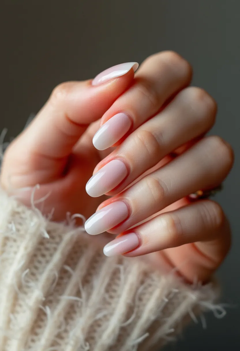 The nail design features an elegant ombre effect that transitions from a soft pink at the base to a crisp white at the tips, creating a delicate and sophisticated look. The nails are medium length and shaped into a graceful almond form that accentuates the natural length of the fingers. The coloration suggests the use of a gel treatment, as the finish is smooth and glossy, providing a polished, long-lasting appearance. This design is versatile, suitable for both everyday wear and special occasions, with its subtle yet refined aesthetic. It does not particularly align with a specific seasonal theme, making it a classic choice for any time of the year.