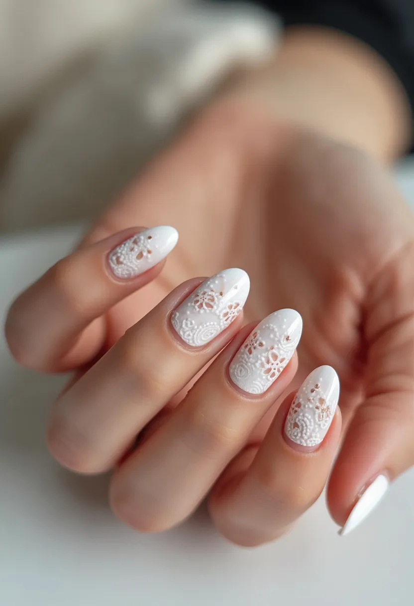 The nail design features a sophisticated palette primarily of clean white with intricate lace-like patterns and minute floral details. The nails are shaped in an elegant almond shape, which enhances the graceful and elongated look of the hands. The intricate patterns are delicately embossed, adding a three-dimensional effect to the nails, suggestive of a bridal or formal occasion theme. The cohesive look suggests the use of gel treatment which provides a smooth, glossy, and durable finish. This intricate design, combined with the white palette, makes it ideal for weddings, reflecting a timeless and classic aesthetic.