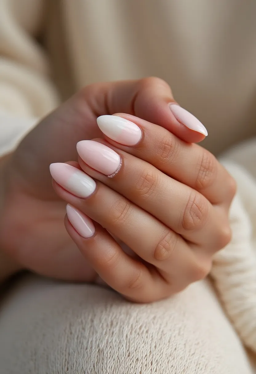 The nail design features a sophisticated palette of soft pinks and subtle white ombre effects, creating a delicate and elegant look. The nails are almond-shaped, providing a refined and elongated appearance that complements the gentle color gradient. This nail art involves a subtle transition from pale pink at the tips to a slightly deeper pink nearer the cuticles, suggesting a blend between soft pink and white shades. The finish appears to be glossy, likely achieved through gel or shellac treatment, which ensures a smooth and durable surface. This understated yet chic design is ideal for special occasions such as weddings or romantic events, and it also suits a spring or bridal theme due to its light and airy color scheme.