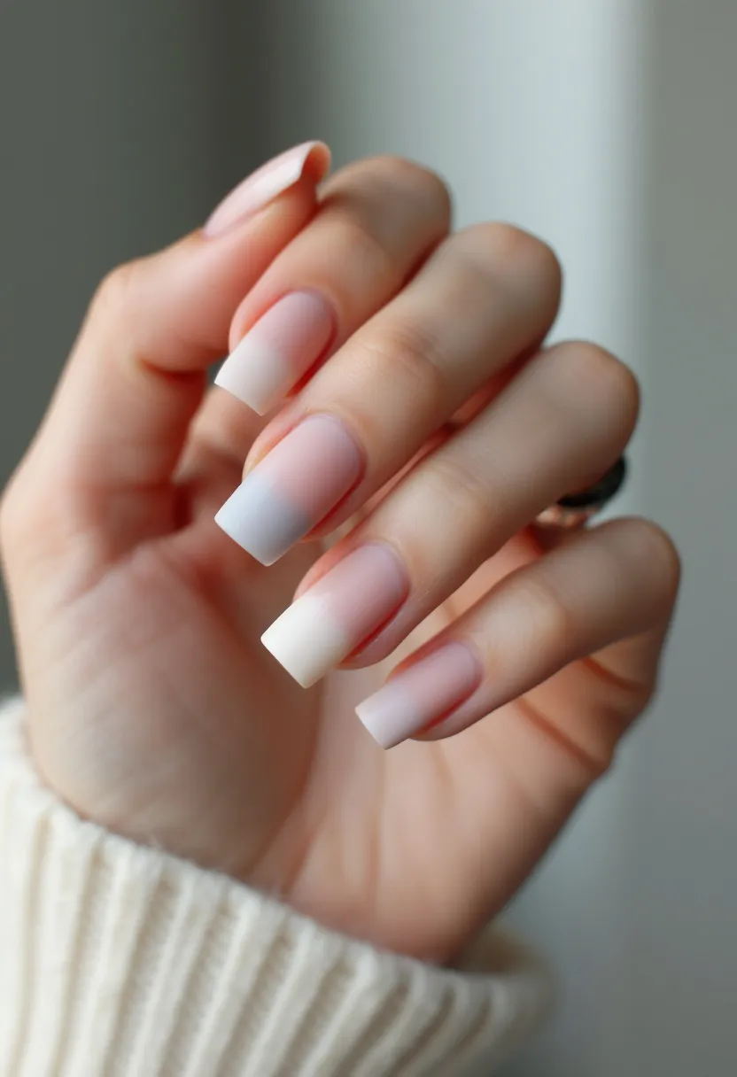 The nail design features a chic and elegant blend of soft colors, transitioning smoothly from a delicate pastel pink at the cuticles to a gentle white towards the tips, creating a stunning ombré effect. The nails are shaped in a medium-length coffin style, contributing to a sophisticated and modern look. This design appears to be achieved using a gel or dip powder treatment, providing a smooth and durable finish. The seamless gradient and muted tones make this design suitable for any season, particularly complementing the soft hues of spring or the pastel trends of summer. The understated yet polished appearance of these nails makes them appropriate for both everyday wear and special occasions, adding a touch of refined elegance to any ensemble.