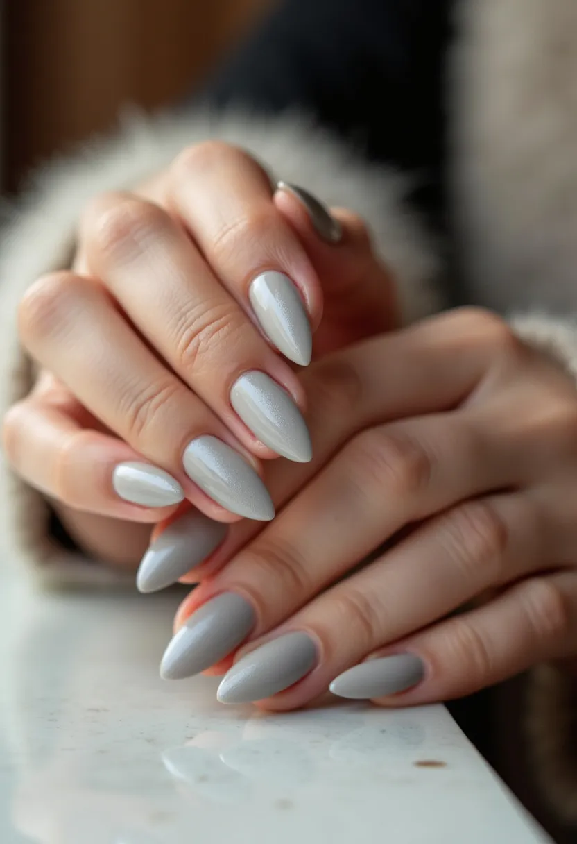 The nail design features a sophisticated color palette of metallic silver. The nails are shaped into a stiletto form, creating a striking and elegant point. The surface of the nails has a smooth, glossy finish, indicative of a gel treatment, which often provides such a lustrous and durable result. There are no additional intricate patterns or decorations present; the simplicity of the design highlights the sleek and polished appearance. This particular style, with its sharp, reflective qualities, may be well-suited for a formal event or special occasion, adding a touch of modern elegance to the wearer's overall look.