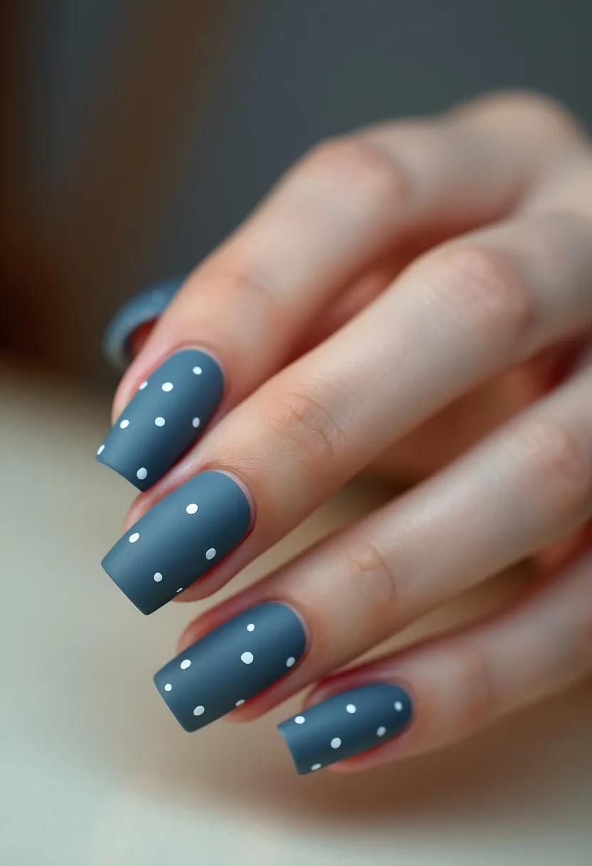 The nail design features a sleek square nail shape, painted in a sophisticated matte muted blue color. Each nail is uniformly adorned with a pattern of small white polka dots, creating a playful yet elegant look. The consistency and smoothness of the finish suggest the use of a gel or shellac treatment, providing both durability and a polished appearance. This design balances simplicity with style, making it versatile for various occasions, ranging from everyday wear to complementing seasonal attire, particularly suitable for a cool, autumnal theme.