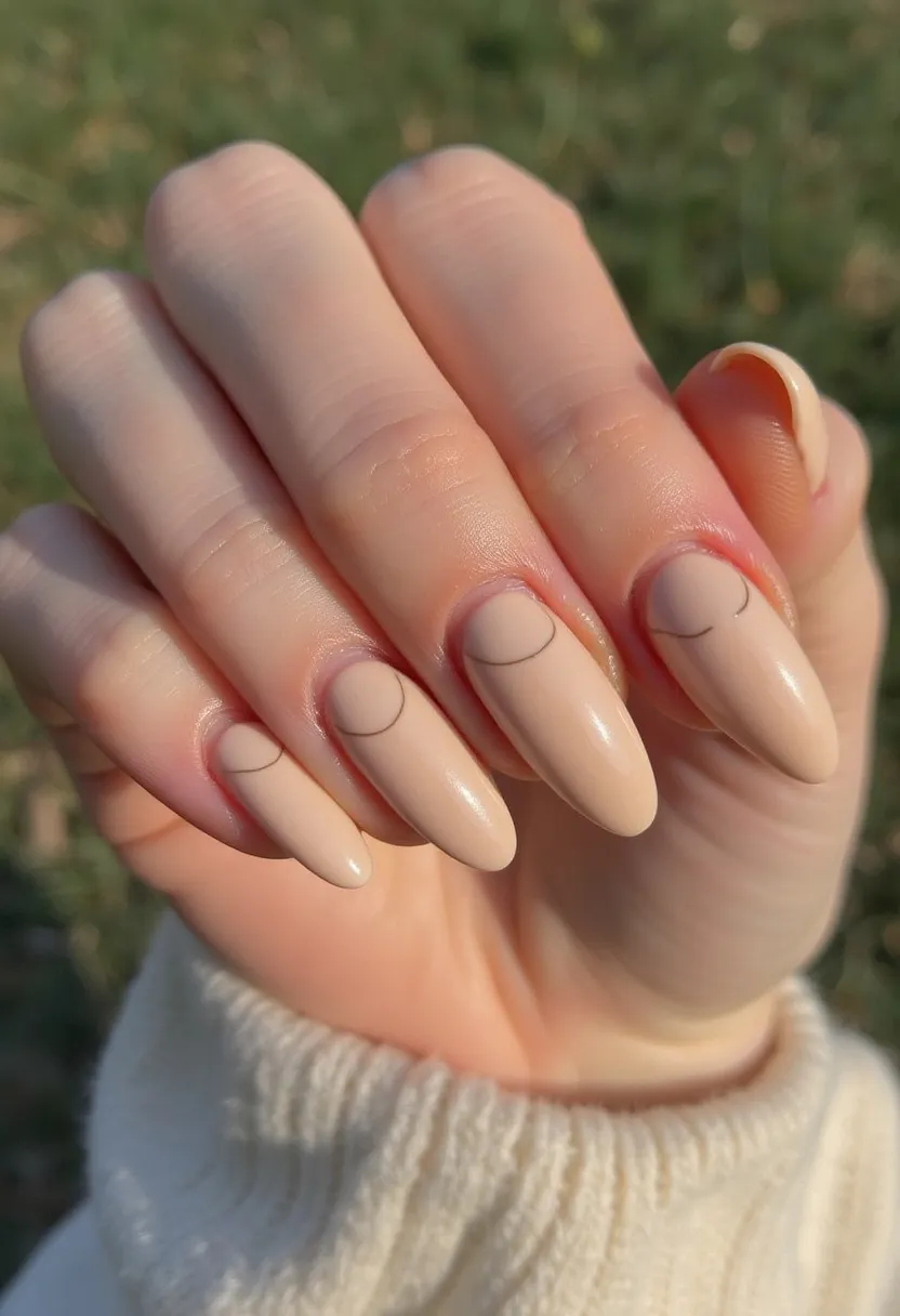 The nail design showcases elongated almond-shaped nails with a subdued, nude beige color as the primary palette. The nails are adorned with minimalist black line patterns that resemble crescent moons near the cuticles, creating a chic and sophisticated look. This design appears to utilize a gel or shellac treatment, given the glossy finish and smooth surface. The understated elegance of the minimalist design can be suitable for any season and is versatile enough to fit various occasions, from everyday wear to more formal events. The combination of the neutral base and delicate line art gives the nails a modern and refined appearance.