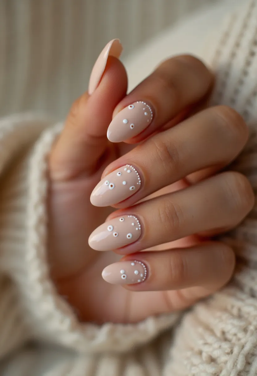 The nails feature a light nude color palette with an almond shape. Intricate patterns are created using tiny white dots and small, reflective silver studs arranged artfully near the cuticle areas and midway up the nails, forming delicate and symmetrical designs. The nail treatment appears to be either gel or shellac, evident by the glossy finish. Unique details include the placement of the studs and dots, which enhance the aesthetic appeal, making this suitable for a special occasion such as a wedding or formal event. The light and neutral color scheme makes it versatile for various seasonal themes.