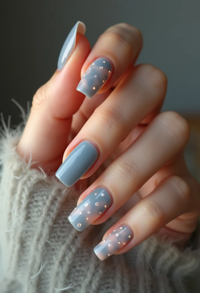 The nail design features a chic and modern nail color palette consisting of soft greys. The nails are of a medium length and have a square shape, lending a contemporary touch to the overall design. Three of the nails showcase an intricate pattern of tiny white dots arranged in a regular pattern, potentially indicating a whimsical, winter-inspired theme. These delicate dots add a playful element to the otherwise sophisticated and muted grey base. The type of nail treatment appears to be gel, given the high-gloss finish and precision of the design. This nail design would be particularly fitting for a seasonal theme such as winter or a special occasion where understated elegance with a hint of playfulness is desired.