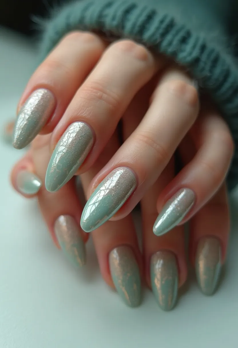 The nail design features an elegant color palette dominated by a gentle minty green, softly blending into a light, shimmering silver near the cuticles, creating a gradient effect. The nails are almond-shaped, offering a refined and sophisticated look. Each nail boasts intricate, nearly fractured patterns reminiscent of a cracked ice effect, adding a layer of visual interest and complexity. This design seems to utilize gel treatment, given its smooth, glossy finish and the intricate detail work. The overall style exudes a wintery, frosted vibe, making it particularly suitable for winter seasons or festive occasions, adding a touch of elegance and seasonal charm.