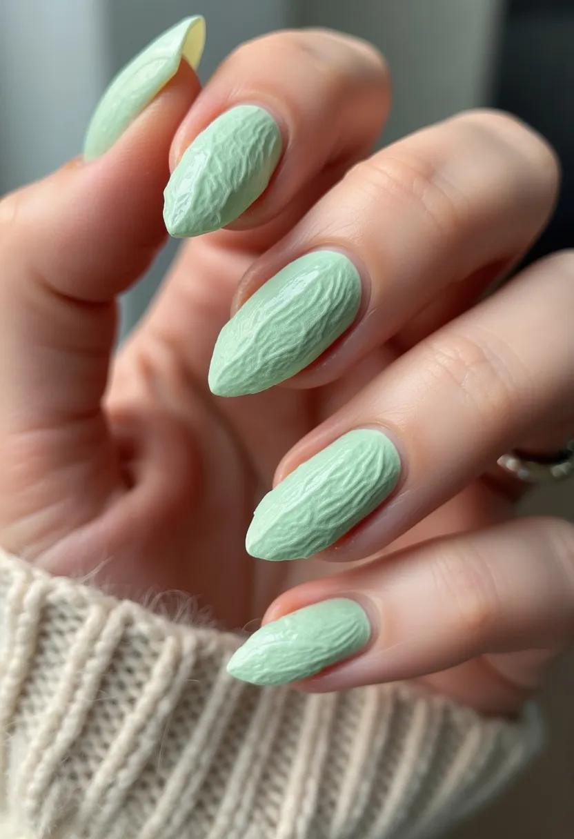 The nail design features a pastel mint green color palette, creating a fresh and serene look. The nails are shaped in a stiletto style, characterized by their pointed and slightly elongated form. They boast an intricate textured pattern resembling a wrinkled or ridged surface, adding depth and uniqueness to the design. The treatment appears to be gel or possibly acrylic, giving the nails a glossy and smooth finish despite the textured appearance. This design might be suitable for a spring or summer theme, evoking a sense of new beginnings and fresh starts. The overall aesthetic is both elegant and striking, ideal for individuals seeking a standout yet sophisticated nail look.