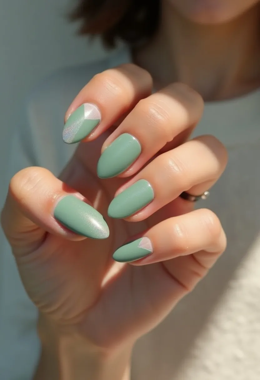 The nail design showcases a sophisticated and minimalist look with almond-shaped nails. The primary color used is a soft matte sage green, providing an elegant and modern aesthetic. Two of the nails feature an additional decoration, consisting of a geometric triangle near the cuticle area in a metallic silver hue, adding a touch of contrast and visual interest. This design is likely achieved using gel polish, given its smooth finish and longevity. The overall style is subtle yet chic, suitable for both everyday wear and special occasions, particularly fitting for spring or summer seasons due to the fresh and clean color palette.