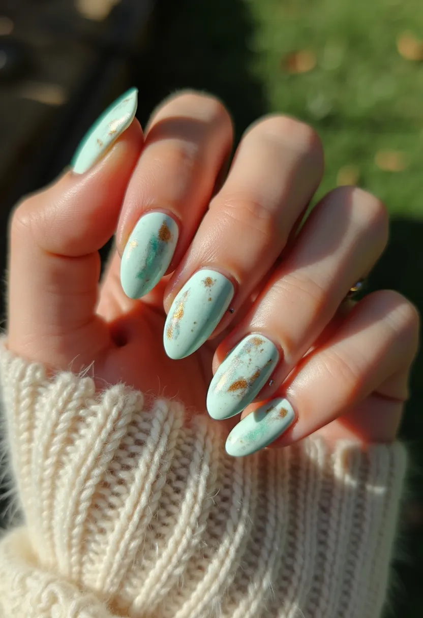 The nail design features a soft mint green base color that exudes a fresh and vibrant tone. The nails are shaped in an elegant almond style, creating a sophisticated and elongated look. Intricate decorative details include artistic traces of gold foil, adding a luxurious and eye-catching element to the design. The treatment used appears to be gel, given the smooth and glossy finish of the nails. This design carries a versatile charm, suitable for both daily wear and special occasions, with its delicate combination of pastel shades and metallic accents bringing a touch of sophistication and seasonal freshness.