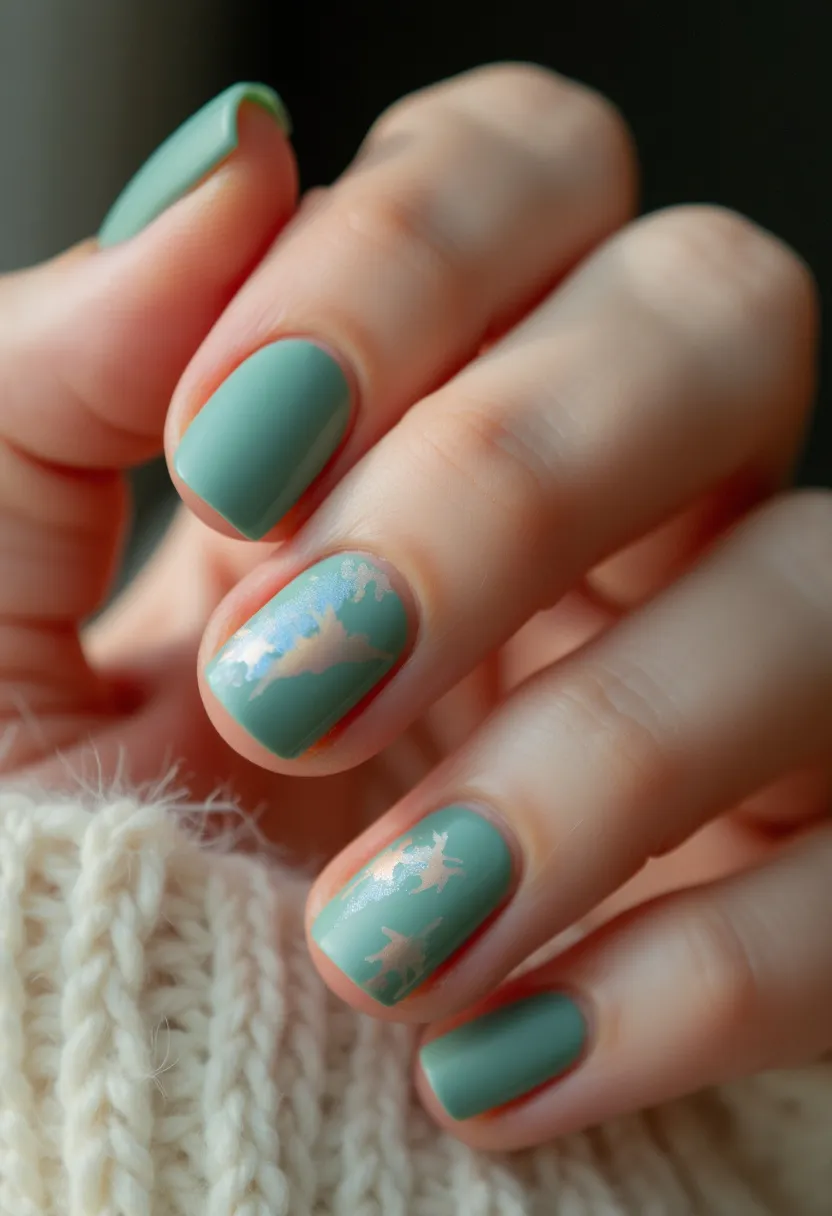 This nail design features a serene, mint green palette across a cohesive set of short, oval-shaped nails. The nail treatment appears to be a smooth, matte gel finish, providing a modern touch to the design. Intricate white leaf patterns are delicately painted on select nails, adding a subtle autumnal or nature-inspired theme. The designs incorporate a touch of silvery shimmer, giving a hint of elegance and sparkle to the overall look. This nail art would be suitable for a seasonal transition, favoring the cooler autumn or early spring months.