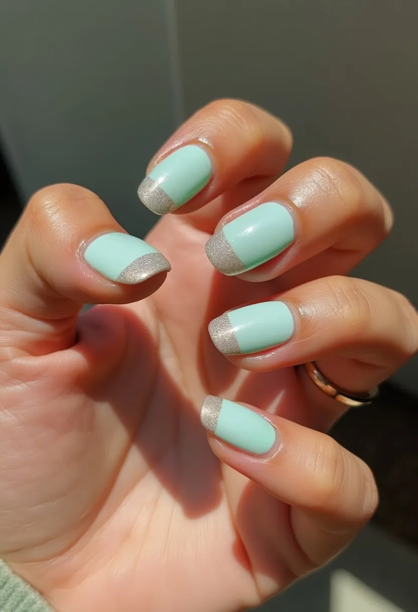 The nail design features a soft pastel green color palette, combined with silver tips in a French manicure style. The nails are shaped in a short, squoval (square oval) style, and the design is likely achieved using gel polish given its glossy and smooth finish. The silver tips add a touch of elegance, making it suitable for a variety of occasions from casual to more formal events. This design is ideal for a spring or summer theme due to its refreshing and light color scheme, offering a playful yet refined look. The simplicity of the silver tips against the pastel green base creates a sophisticated and modern nail art design.