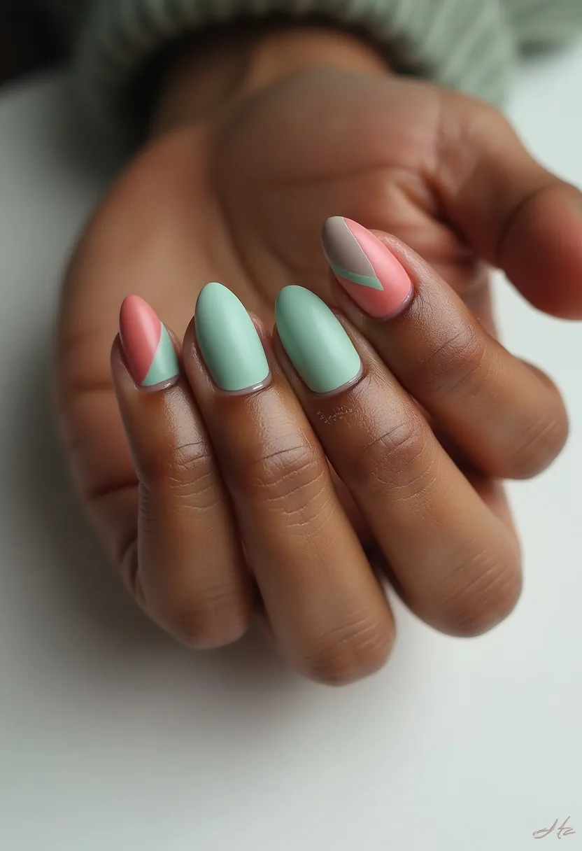 The nail design features an almond shape with a pastel color palette, including mint green, soft coral, and a light beige. The nails appear to utilize a matte nail treatment, likely gel for its smooth, even finish. Each nail alternates between solid mint green and an intricate geometric pattern where the mint green is paired with the coral and beige colors, forming sharp, angular designs. This playful yet sophisticated design is evocative of spring or summer themes, with its fresh, airy colors and trendy, modern patterns. The attention to detail in the geometric patterns highlights a unique, artistic approach to nail art, making these nails suitable for special occasions or everyday elegance.