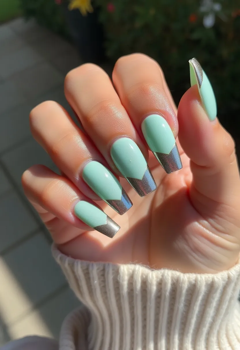 The nails showcase a modern and chic design with a pastel mint green and metallic silver color palette. The nails are shaped in a long coffin style, providing an elegant appearance. A sophisticated geometric pattern is present, with the tips of the nails displaying a sharp, angular design in metallic silver that contrasts strikingly against the mint green base. This design seems to be achieved using gel polish, giving the nails a glossy, smooth finish. The combination of colors and the refined metallic accents suggest a contemporary look that could be suitable for a variety of occasions, from everyday wear to special events during transitional seasons like spring or fall.