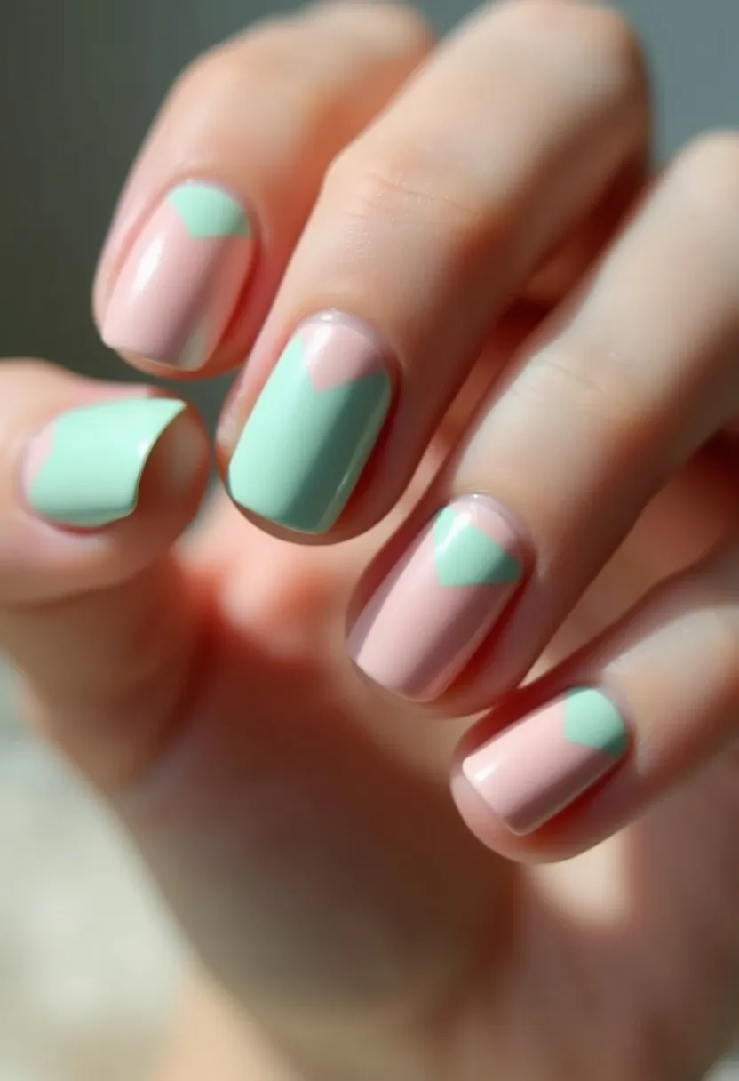 This nail design features a harmonious color palette of pastel pink and mint green. The nails are medium-length with a rounded square shape, giving them a neat and polished appearance. The design includes a geometric pattern where the mint green color is applied in a triangular shape at the base of the nails, contrasting stylishly with the pastel pink covering the rest. This combination is executed with sharp, clean lines, indicating precise application, likely using gel polish for its glossy finish and durability. The light, refreshing colors and modern patterns suggest a spring-themed design, perfect for a fresh, contemporary look during the season.