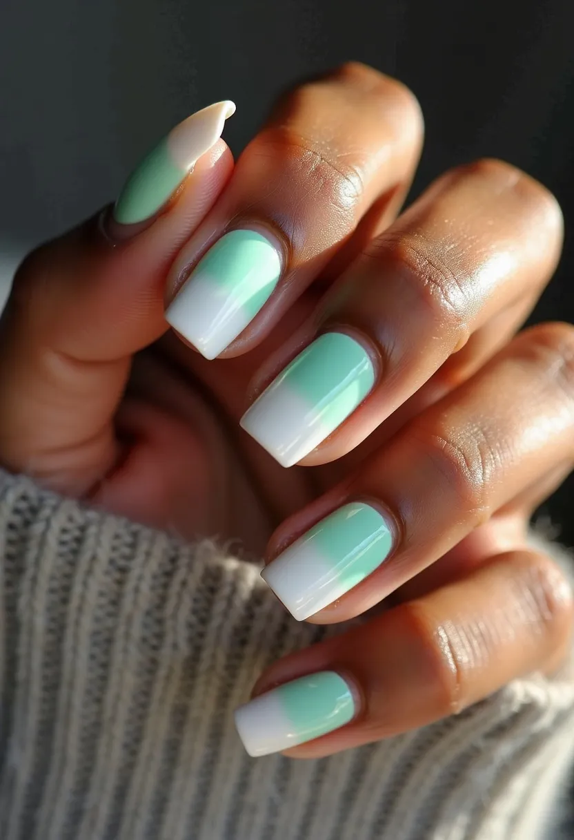 This nail design features a color palette of mint green and white. The nails are shaped in a neat, medium-length square form. A smooth gradient transitioning from green at the cuticle to white at the tip adorns each nail, suggestive of an ombre pattern. The finish appears glossy, indicative of a gel or shellac treatment, giving the nails a clean, polished look. This design exudes a fresh, springtime or summertime vibe, perfect for those seeking a subtle yet elegant nail style.