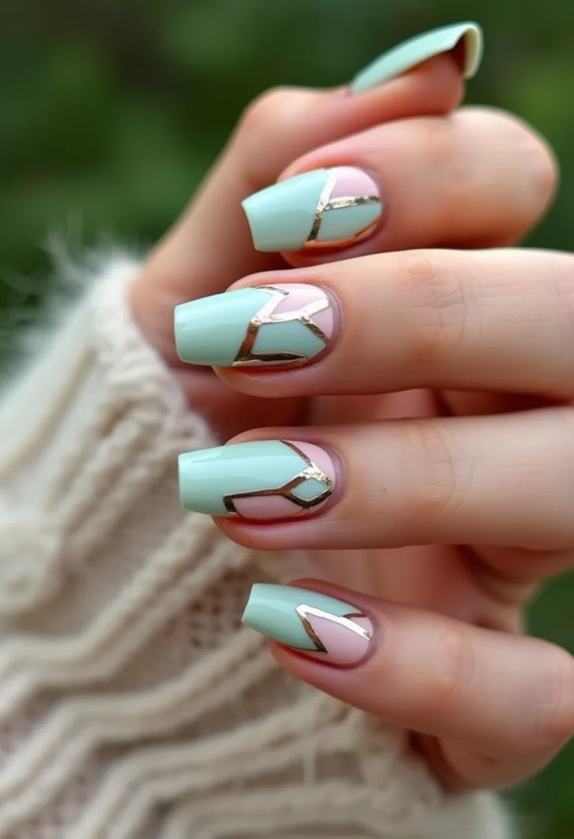 The nail design features a chic and sophisticated color palette with a mint green as the primary shade, complemented by a soft pastel pink. The nails are done in a square shape, providing a modern and clean look. Intricate gold geometric patterns adorn the nails, creating a striking contrast against the pastel hues. The design appears to use a combination of gel and gold foil for a polished and glossy finish, enhancing the overall elegance of the manicure. This nail art is perfect for the spring season or special occasions where a fresh and trendy yet refined look is desired. The addition of the gold detailing adds a touch of luxury and intricacy, making the nails stand out beautifully.