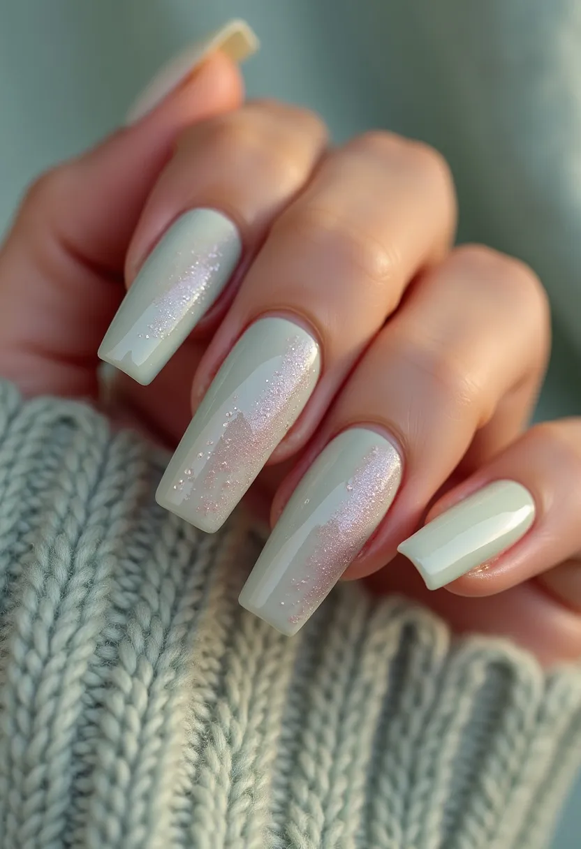 The nail design showcases a sophisticated pastel and glitter look, featuring a cool mint green base color. The nails are shaped in a modern coffin style, providing a chic and elongated appearance. Each nail features a detailed gradient effect with a subtle shimmer, achieved by a dusting of fine, iridescent glitter that transitions towards the tips. This intricate design suggests the use of a professional nail treatment, potentially gel or shellac, given the smooth, glossy finish and durability. The overall aesthetic exudes a soft, wintery vibe, making it suitable for seasonal themes, particularly for festive or elegant holiday gatherings.